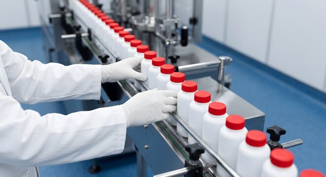 White medicine bottles with red caps are aligned on automated conveyor belt for packaging in pharma factory.