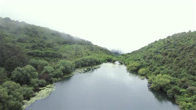 4K drone aerial view of Yala Provincial Park in Jujuy, Argentina. Misty mountain lakes surrounded by lush Yungas forests and dense green vegetation in a spectacular Andean landscape.