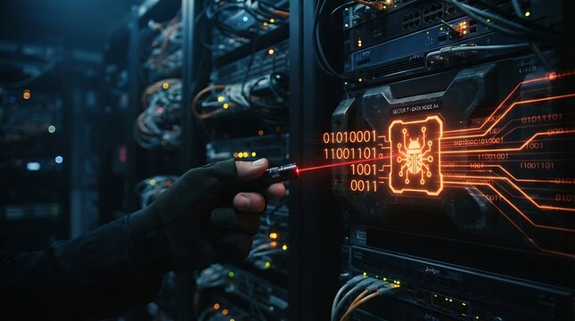 Cybersecurity expert using a laser scanner to analyze a glowing digital bug virus embedded in a high tech server room computer network data center