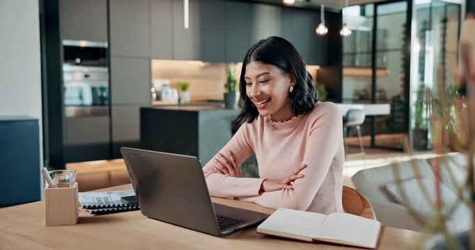 Video call, laptop and wave with woman in home for online meeting, streaming and pr advisor. Virtual consultant, planning and contact with person and tech in house for feedback, project and webinar