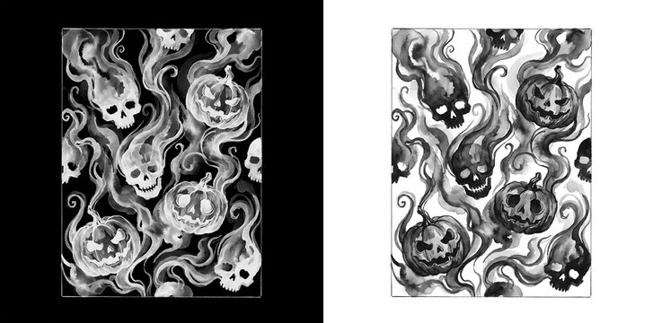 Eerie monochrome watercolor Halloween pattern with spooky skulls, jack-o-lantern pumpkins, swirling smoke trails, isolated on transparent background, ideal for gothic horror seasonal art decorations.