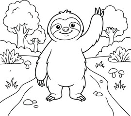 Fototapeta premium Cute sloth waving hello in the forest, coloring page for kids