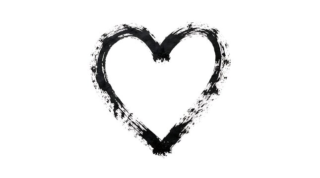 Black ink brush stroke heart symbol hand drawn artistic shape for valentines day greeting cards and romantic wedding design projects isolated on white
