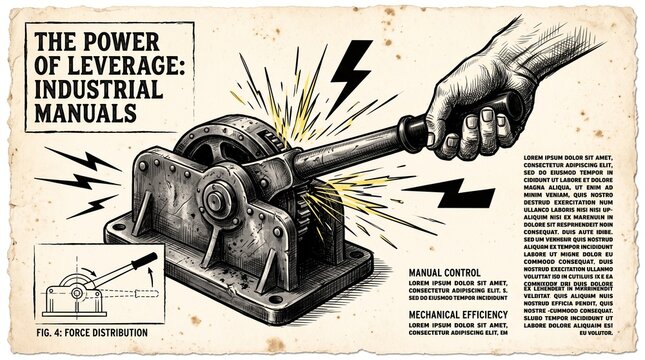 Vintage industrial manual illustration, mechanical leverage power concept, retro hand pulling lever on aged paper background