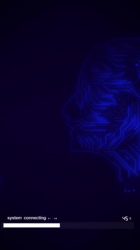 Artificial intelligence head profile animation displays two heads Intelligence head profile AI graphic features blue circuit board patterns AI heads loop is clean