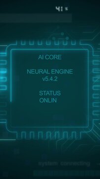 Artificial intelligence core animation displays CPU load memory data Intelligence core AI processor layout features human head outlines AI core animation sequence is sleek