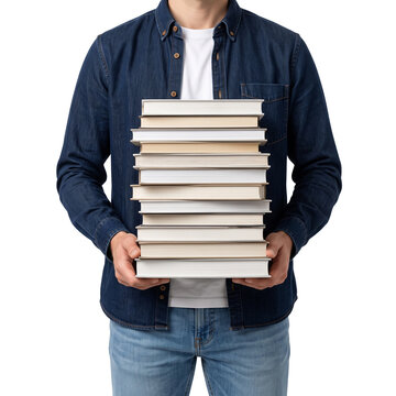 Man holding stack of books, isolated on transparent background