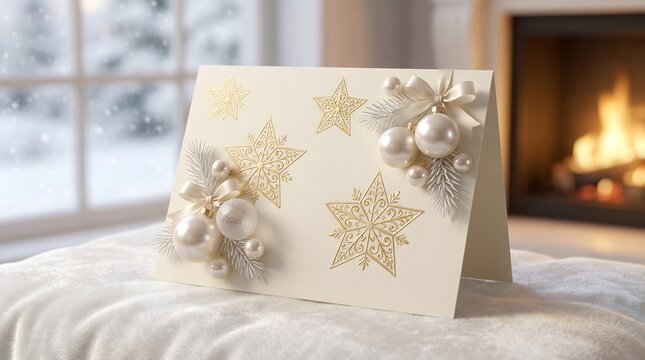 Elegant Holiday Card with Snowflakes, and Cozy Fireplace.