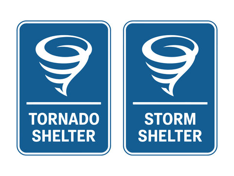 Storm shelter sign set, tornado warning and emergency refuge symbols for severe weather preparedness disaster safety buildings and facilities