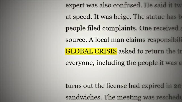 Global Crisis Text Highlighted in Newspaper, Newspaper Close Up with Global Crisis Headline, Highlighted Global Crisis News Concept