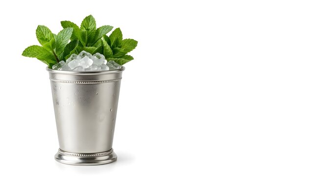 Mint Julep Metal Cup with Fresh Mint Leaves and Crushed Ice.