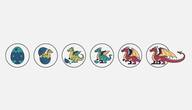 Lifecycle stages of a dragon represented in circular icons starting from an egg, hatching baby, to a majestic adult.