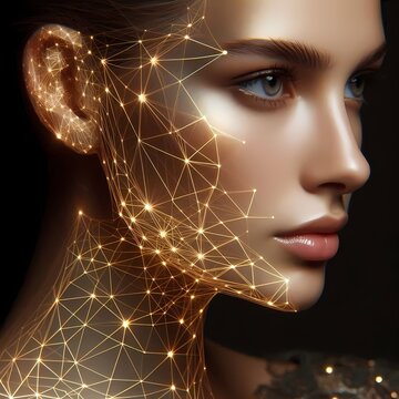 A hybrid portrait where a real models profile is overlaid with an AI-generated geometric pattern of gold lines and glowing nodes, creating a high-fashion tech aesthetic, Ai generated image