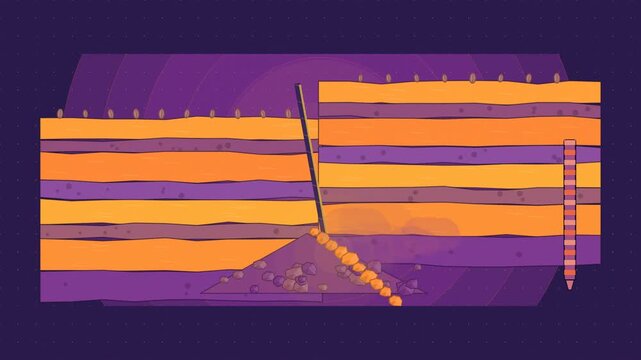 Abstract animated rock strata fault talus drawn as violet and blue lines and shapes on a deep dark background. Seamless looping 4K motion graphics video with free space for text, ideal for science com