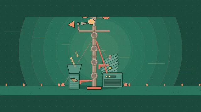 Abstract animated weather station anemometer cups drawn as cyan and teal lines and shapes on a deep dark background. Seamless looping 4K motion graphics video with free space for text, ideal for scien