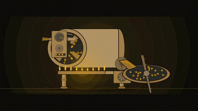 Abstract animated coffee roaster drum trier drawn as amber and orange lines and shapes on a deep dark background. Seamless looping 4K motion graphics video with free space for text, ideal for title se