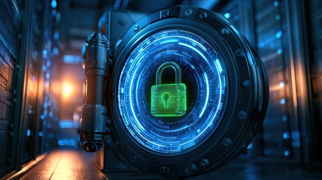 A futuristic digital lock secures a vault door with glowing blue circuits, symbolizing cyber security and data protection in a high-tech environment.