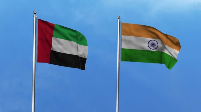 United Arab Emirates  and India Waving Flags, 3D Illustration