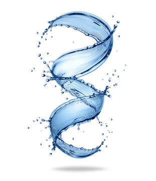 Dynamic blue water splash twisted in a spiral with flying droplets, isolated on a transparent background. Generative AI