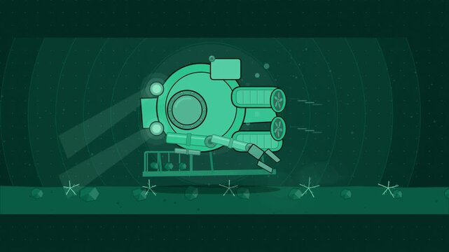 Abstract animated submersible manipulator arm sampling drawn as cyan and teal lines and shapes on a deep dark background. Seamless looping 4K motion graphics video with free space for text, ideal for 