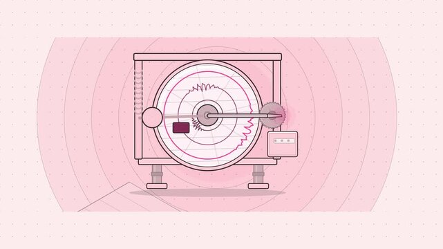 Abstract animated seismograph drum stylus tracing drawn as coral and magenta lines and shapes on a bright, clean light background. Seamless looping 4K motion graphics video with free space for text, i