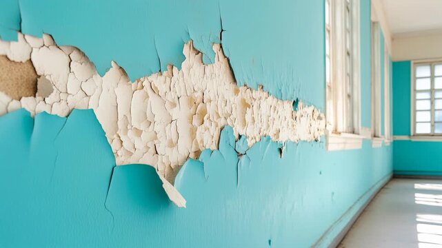 Closeup of cracked and peeling turquoise paint on a damaged wall in an abandoned building