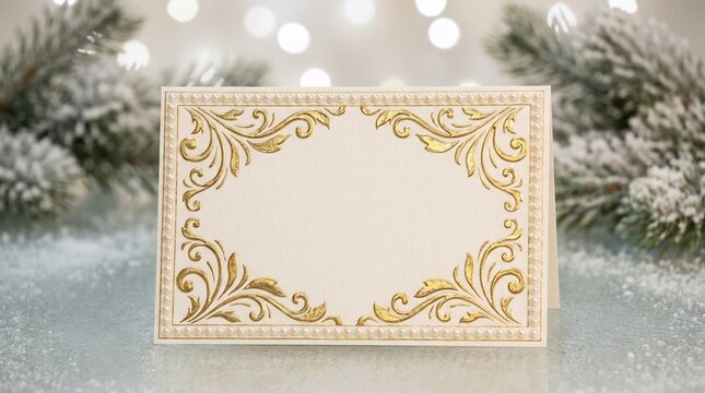Blank Gold Ornate Card Winter Holiday Snow Bokeh.
