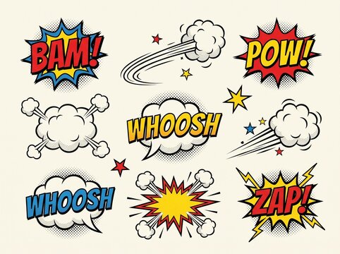 A vibrant collection of retro comic book style sound effects and explosion elements, including 'BAM!', 'POW!', 'WHOOSH', and 'ZAP!', with speed lines and smoke clouds.