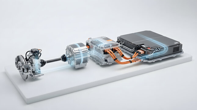 Electric vehicle drivetrain with battery pack, electric motor, inverter and transmission components for advanced automotive technology concepts