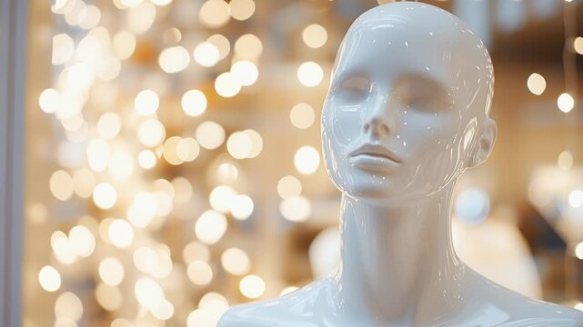 Faceless female mannequin bust in a shop window with festive bokeh lights in the background