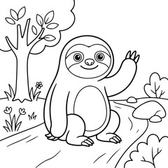 Fototapeta premium Cute cartoon sloth waving hello in the forest, black and white coloring page for kids