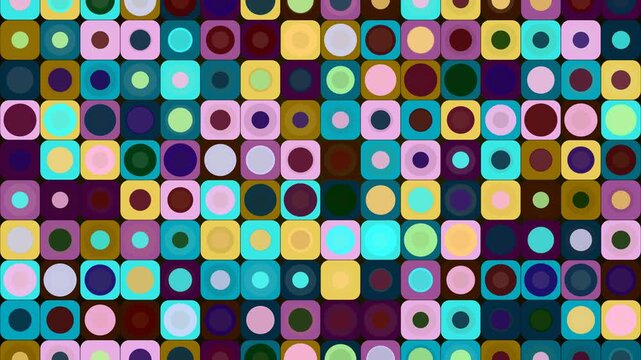 retro loopable abstract background, vibrant, playful pattern of colorful rounded squares with circles
