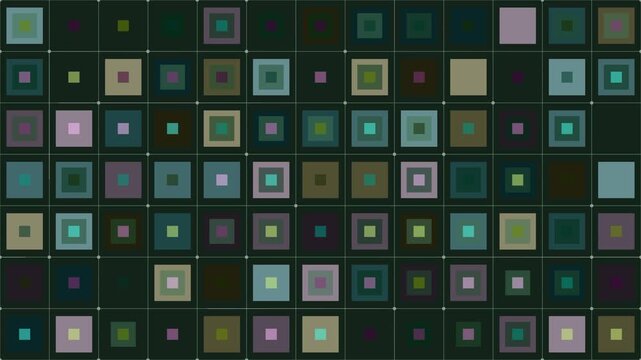 grid of colorful concentric squares forms a sophisticated geometric data visualization within this dark digital background animation