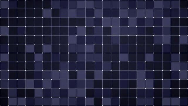 geometric grid of blinking dark purple tiles and glowing pulsating white intersection nodes, digital background animation