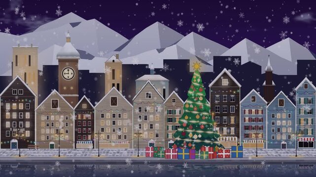 Charming urban christmas winter landscape with a decorated Xmas tree and gentle snowflakes falling over a mountain range with festive fireworks