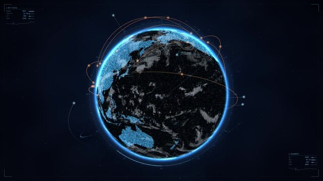 Rotating digital Planet Earth zooming in to Italy map with glowing orange outlines amidst a blue global network with integrated data visualization for high-tech projects