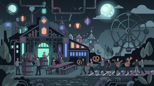 Industrial night festival with ferris wheel and marching band