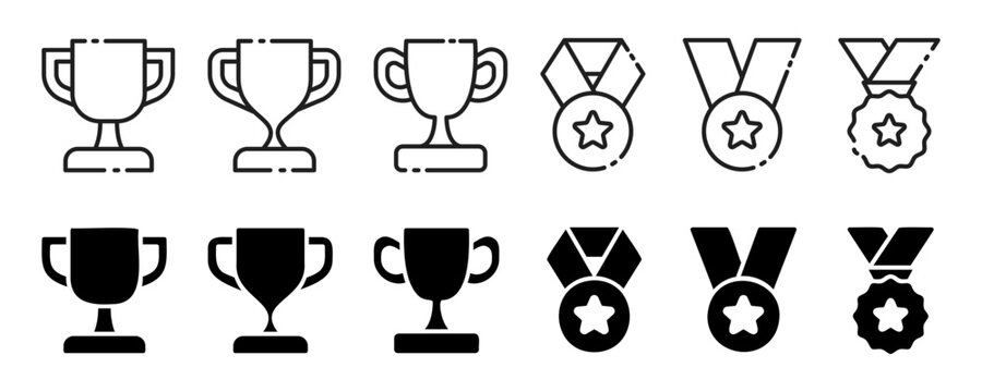 Trophy and Medal Line and Glyph Icon Set