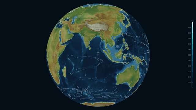 Rotating planet Earth with animated global ocean currents, water circulation and velocity scale, loopable animation