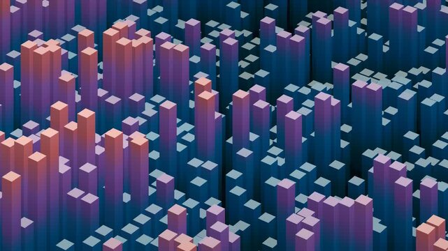 Loopable animated 3d bar chart with rising and falling purple columns, dynamic data visualization background with moving 3d blocks