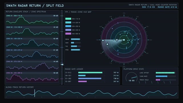 A radar return analysis with graphs and data metrics. The layout presents zones, signal strength, and a drive state overview. It is displayed in a clear format