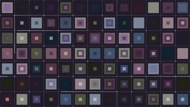 abstract geometric pattern of colorful grid of concentric squares, loopable retro and technical background animation