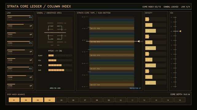 The screen shows a motion graphic with a ledger of core samples and data. It displays various values related to density and pitch in a structured format