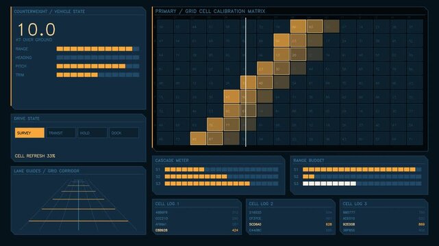 Animated graphics of vehicle state information, including calibration metrics and grid data. The design uses a modern layout with clear sections for data visualization