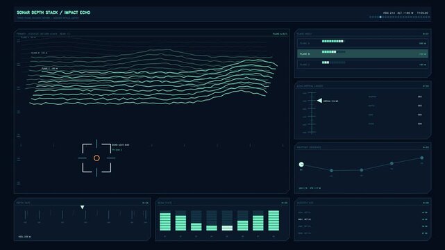 This scene features a moving background of sound depth graphs with data points. It includes various animated charts and metrics related to audio analysis