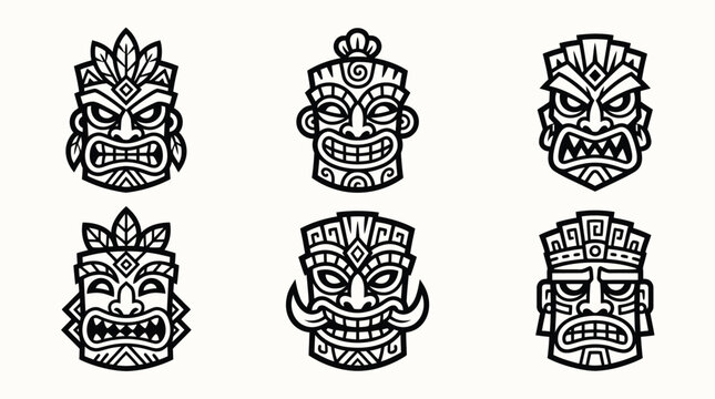 Stylized tiki mask vector icons set featuring traditional tribal art designs with bold black line strokes