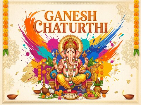 Complete Ganesh Chaturthi festival banner layout with Lord Ganesha, modak offerings, fruits, rat mooshak, diyas, brass lamps, and colorful splashes.