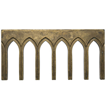 Antique brass architectural frieze with six pointed gothic arches and weathered patina texture isolated on a transparent background