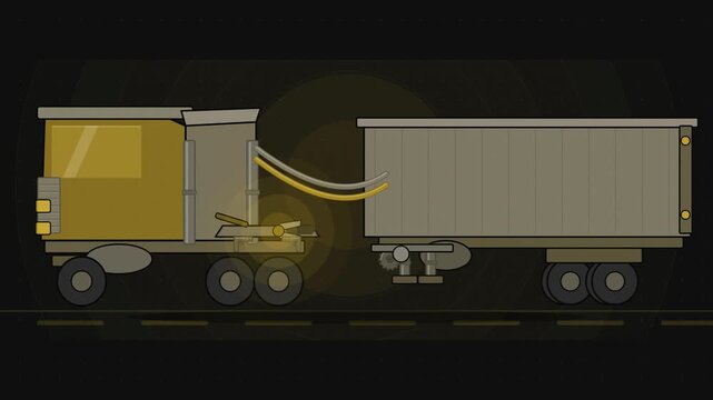 Abstract animated semi truck fifth wheel drawn as yellow and gold lines and shapes on a deep dark background. Seamless looping 4K motion graphics video with free space for text, ideal for industry exp