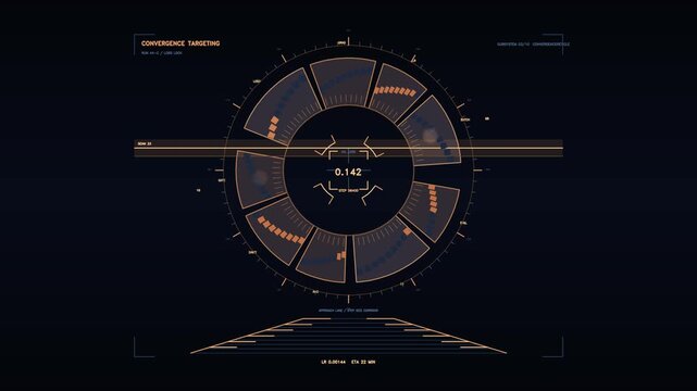 This graphic displays a high tech targeting interface with rotating segments and real time data updates. The dark background highlights the motion and graphics
